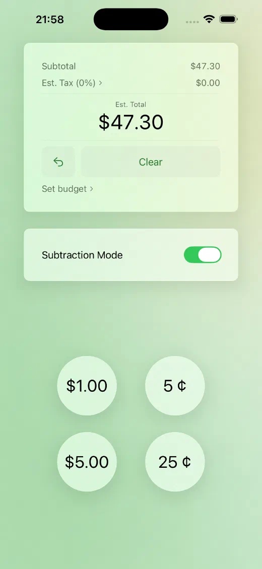 GroceryRun with Subtraction Mode switched on, ready to remove a put-back item from the total.
